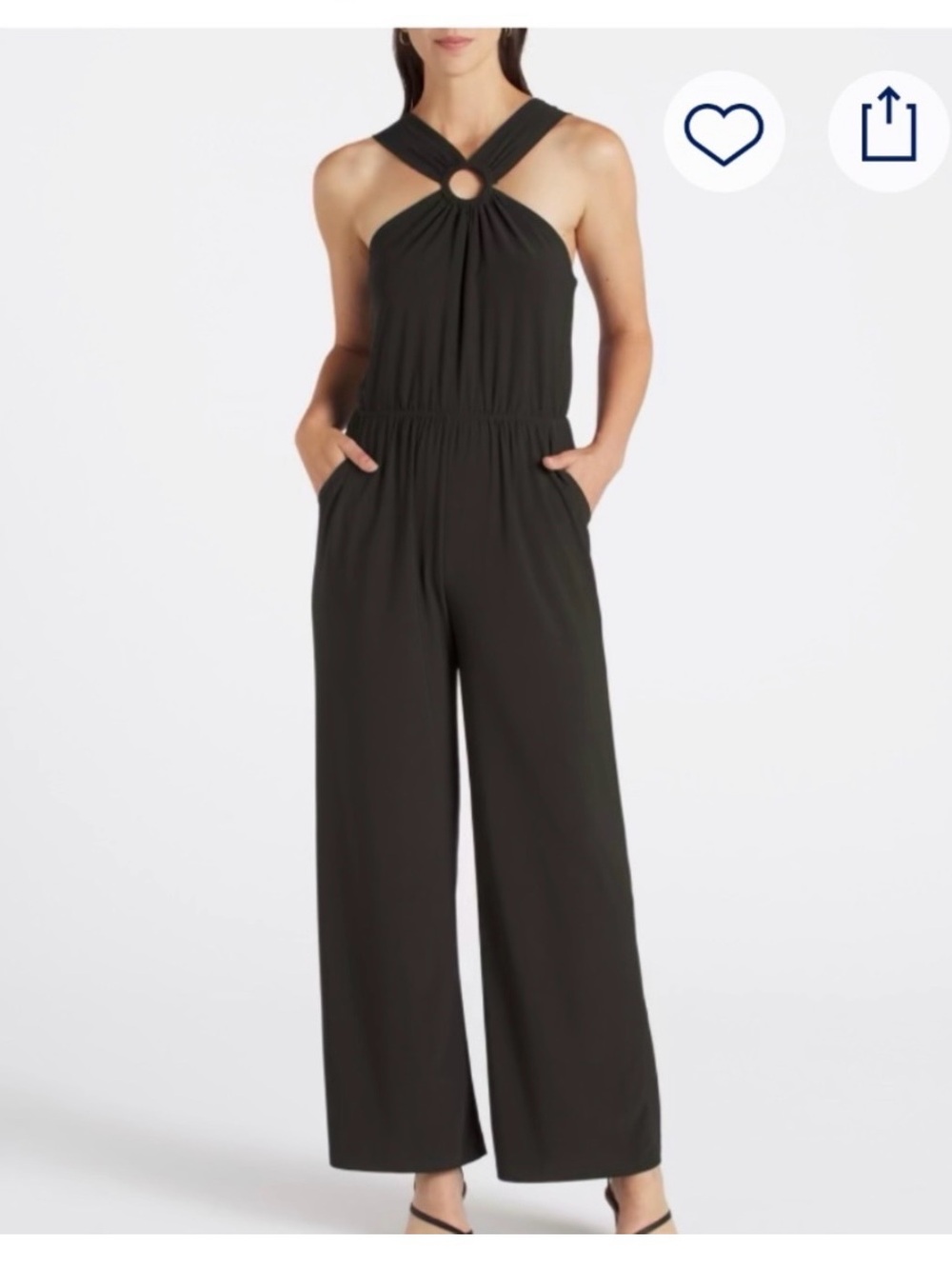 Kaileigh Black Cross-Neck Wide-Leg Jumpsuit with Ring Detail